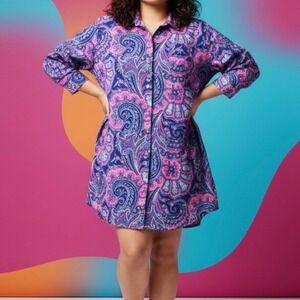 Lauren Ralph Lauren Paisley Print Shirt Dress Blue Pink XL Extra Large